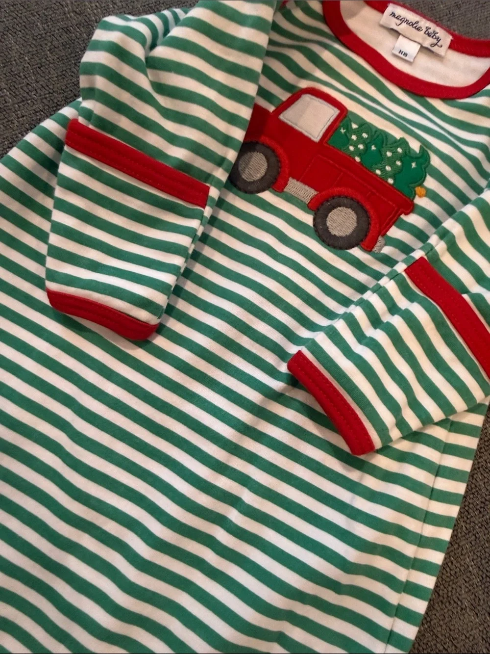Magnolia Green and White Striped Sleep Gown with Red Truck Applique